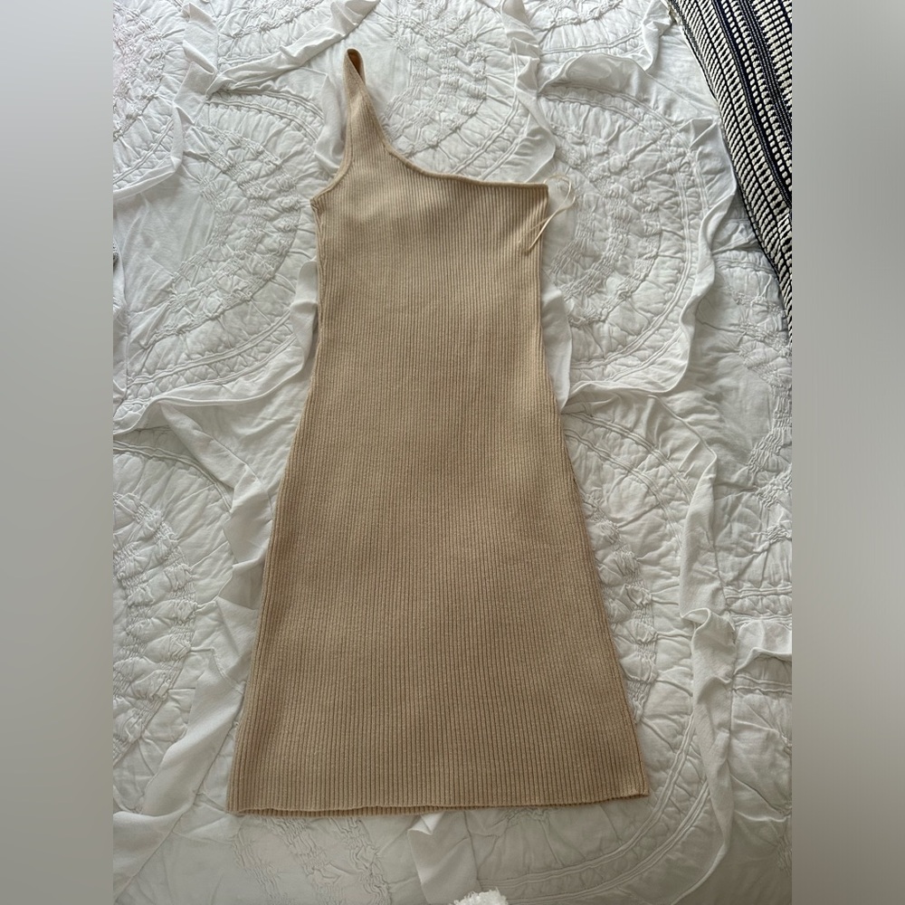 One shoulder tan mini dress